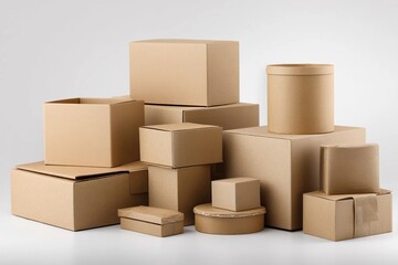 Fototapeta premium Cardboard boxes of various shapes and sizes stacked in a clean and minimalistic setting