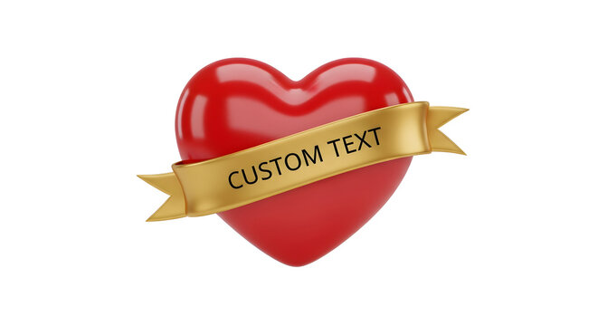 Vibrant 3D Rendered Red Heart with a Customizable Golden Ribbon Banner Across It, Isolated on a Clean White Background, Ideal for Love, Valentine's Day, Romantic Messages, or Special Promotions

