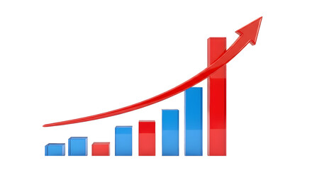 Dynamic Bar Chart with Blue and Red Bars Showing Growth, Accompanied by a Red Upward-Curving Arrow, Isolated on a Clean White Background, Representing Business Success, Financial Growth, and Data Anal