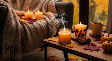 Cozy autumn still life with lit candles pumpkins and fall foliage indoors
