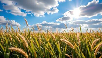 An expansive field of golden wheat under a clear blue sky with fluffy white clouds.