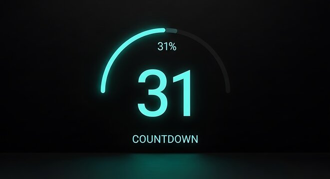 Glowing cyan countdown timer displaying 31 percent and the number 31 clock