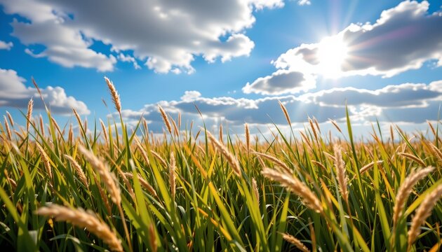 An expansive field of golden wheat under a clear blue sky with fluffy white clouds.