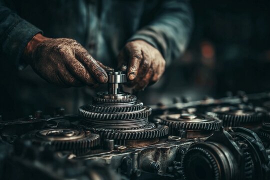 Skilled mechanic assembling gears in a workshop during the late afternoon