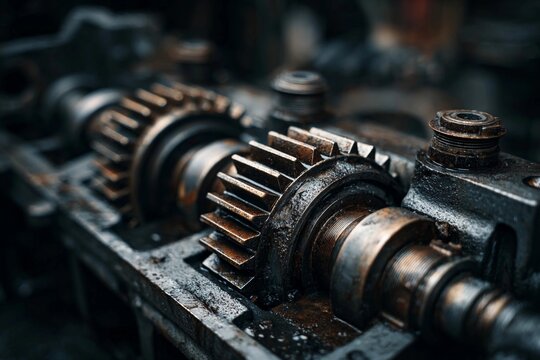 Close-up of gears and shafts in an industrial machine workshop during the day, showcasing intricate mechanical parts