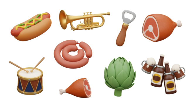 3d food and party celebration items set, isolated on transparent background