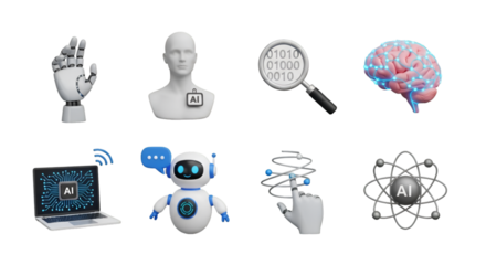 3d rendering of artificial intelligence, robotics, and data science concepts isolated on transparent background