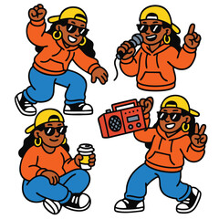 Hip hop woman orange hoodie sunglasses yellow cap dancing singing holding coffee boombox