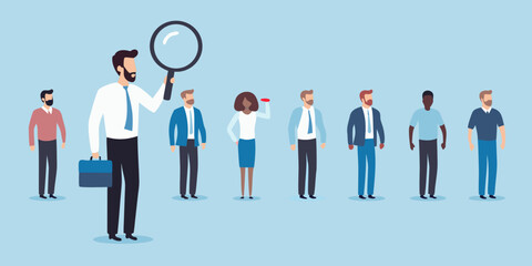 Recruiter inspecting candidates with magnifying glass