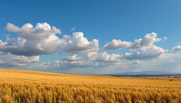 A vast, open landscape dominated by tall wheat fields that stretch into the distance under a clear sky with a few scattered clouds - Powered by Adobe