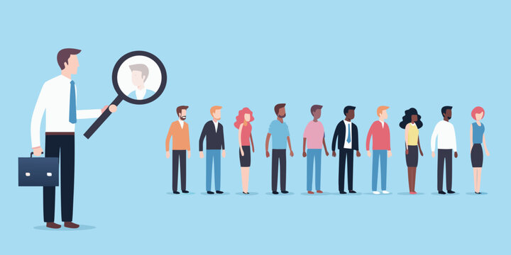 Recruiter magnifying a candidate in a line of people