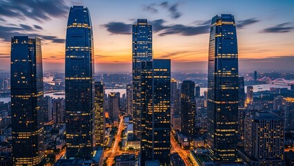 Stunning Tianjin cityscape at dusk with illuminated skyscrapers.