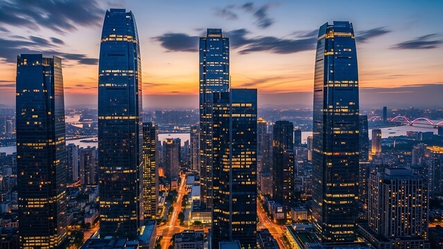 Stunning Tianjin cityscape at dusk with illuminated skyscrapers. - Powered by Adobe