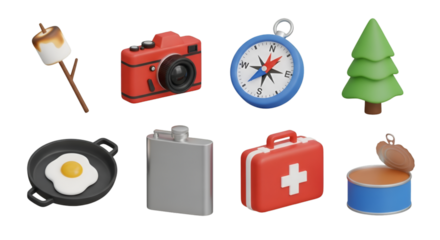 3d render of camping and outdoor adventure items, including a camera, compass, and first aid kit, isolated on transparent background