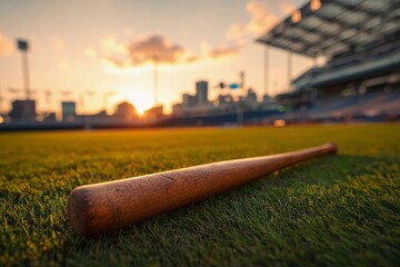 Sunset casts a warm glow over an empty baseball field with a wooden bat resting on the grass