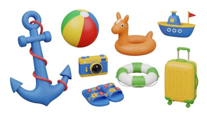 3d rendering of a vibrant collection of summer and travel themed objects, isolated on transparent background - Powered by Adobe