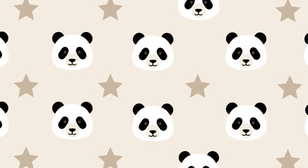 Obraz premium Cute cartoon panda faces and stars seamless pattern on a light beige background.