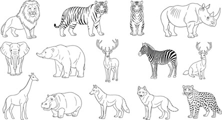 Detailed Outline Vector Graphics Set of Wild Safari Animals for Education, Wildlife Themes, and Children's Designs.