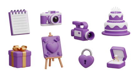 3d render of wedding and love themed items, including a cake, camera, and engagement ring, isolated on transparent background