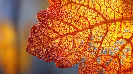 Translucent autumn leaf displays intricate vein patterns illuminated by bright sunlight