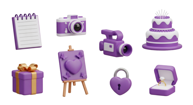 3d render of wedding and love themed items, including a cake, camera, and engagement ring, isolated on transparent background