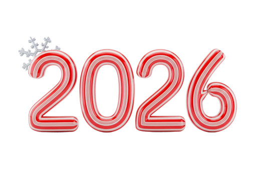 2026 candy cane digits with red-white striped sweet texture. Festive holiday New Year typography for Christmas and winter celebration graphics on transparent background.