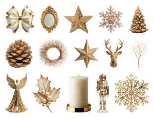 PNG Elegant gold Christmas decorations collection, element set on transparent background