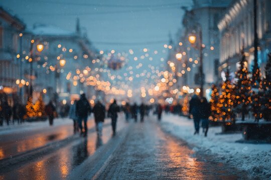 Winter evening scene with holiday lights and bustling crowds in a snowy urban street