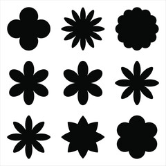 Nine Black Flower Silhouettes on White Background Isolated Vector Graphics Keywords: flower, silhouette