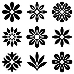 Fototapeta premium Nine Black Silhouette Floral Ornaments With Petals On White Background flower
