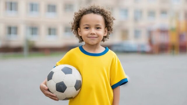 Joyful child in yellow t-shirt holding a soccer ball with a cheerful smile on a sunny day outdoors 4k video footage