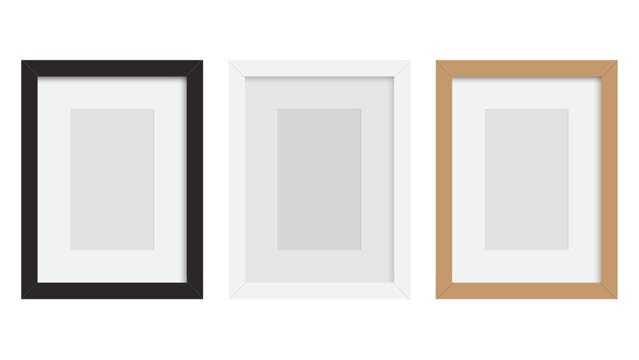 Picture frame. Black, white and brown wooden frames on white background