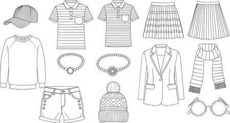 Monochrome Fashion Clipart Collection of Trendy Clothing Accessories and Garments for Style, E-commerce, and Coloring Pages.