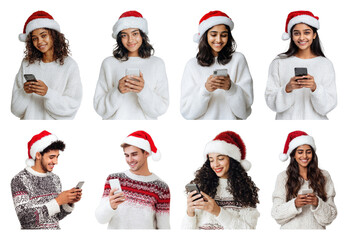 PNG Festive people using smartphones joyfully, element set on transparent background