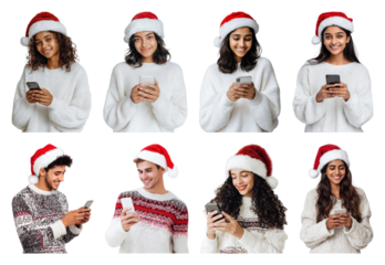 PNG Festive people using smartphones joyfully, element set on transparent background