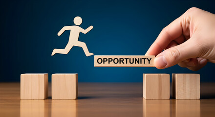 Wooden figure jumps across blocks with an opportunity bridge symbolizing career growth and success highlighting business opportunities and personal development in a conceptual design