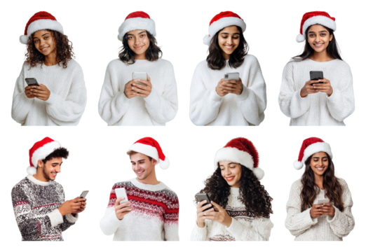 PNG Festive people using smartphones joyfully, element set on transparent background