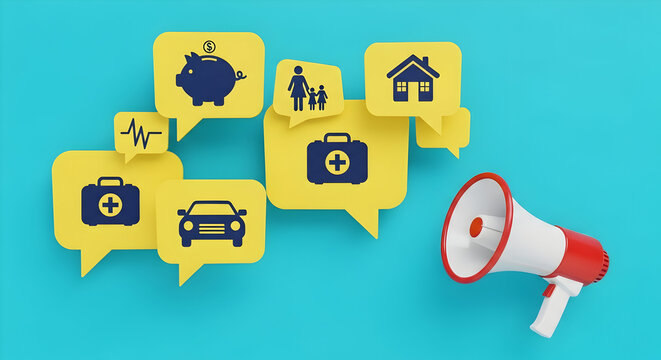 Insurance promotion featuring a megaphone and speech bubbles with icons for savings family home health car and life insurance on a vibrant blue background for financial security awareness