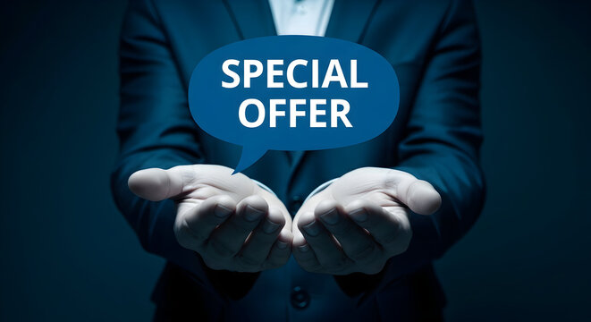 Man in suit presents a special offer in a speech bubble showcasing a promotion or deal with open hands ideal for advertising marketing and business announcements with a dark blue background - Powered by Adobe