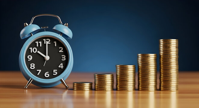 Time is money concept featuring a blue alarm clock and stacks of gold coins representing financial growth and investment opportunities on a wooden surface against a dark blue background