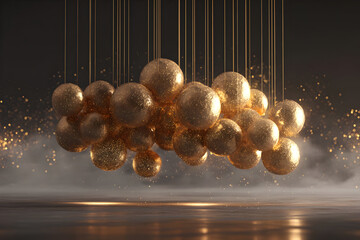 Glamorous party setting with cluster of shiny metallic gold spheres for event decor