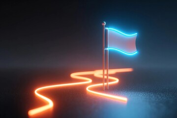 Glowing pathway with blue and orange neon colors guiding towards a flag at night