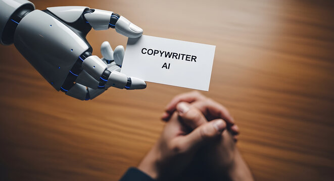 Robot hand presents a business card reading "Copywriter AI" to a person showcasing the rise of artificial intelligence in content creation and the future of automated copywriting services
