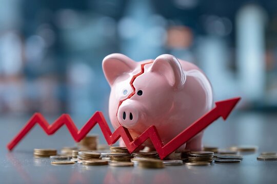 Broken piggy bank with coins and upward trend symbolizing financial challenges and growth opportunities