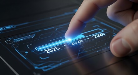 Finger touching glowing blue futuristic interface displaying progress bar from 2025 to 2026 technology