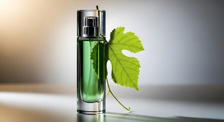 Elegant Green Liquid in a Glass Container Enhanced with a Fresh Green Leaf, Perfect for Beauty Product Visuals.