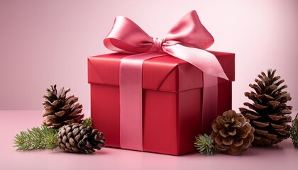 vertical red gift box with pink ribbon and pinecones decoration