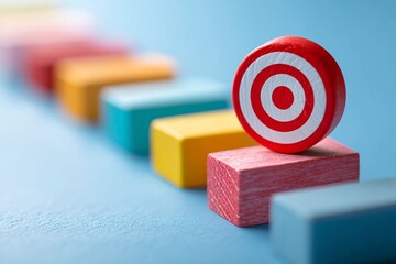Colorful wooden blocks arranged in a line with a red target on top, symbolizing focus and goal setting