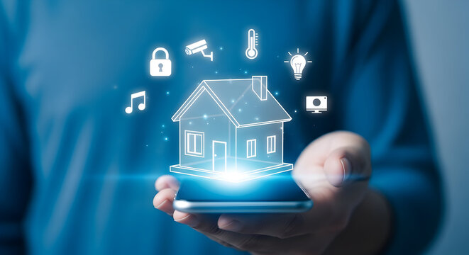 Person uses a smartphone to control smart home devices showcasing technology automation security and convenience with icons representing lighting temperature and surveillance in a modern setting