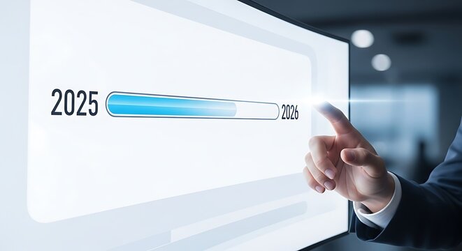 Hand touching screen showing progress bar from 2025 to 2026 loading bar future